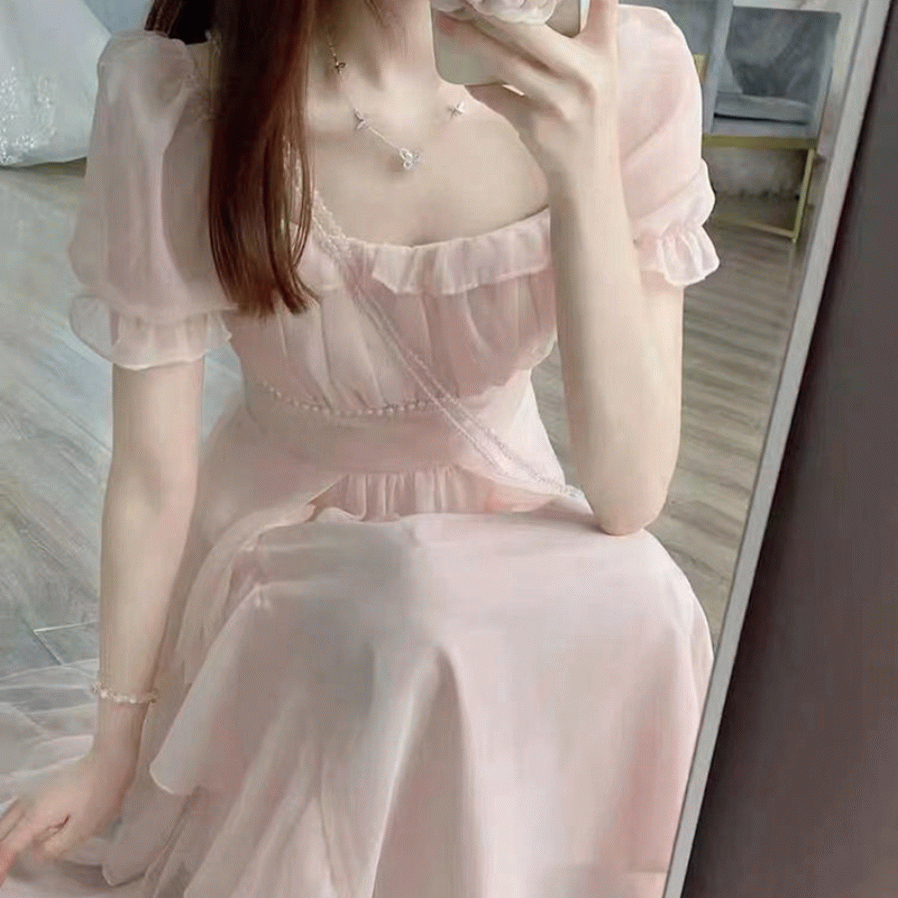 쉬폰OPS🌹 요정 달콤 스퉤어 롱 드레스 (핑크 화이트)